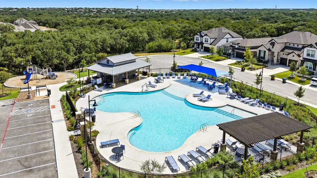 The pool and amenity area at the center of the community.