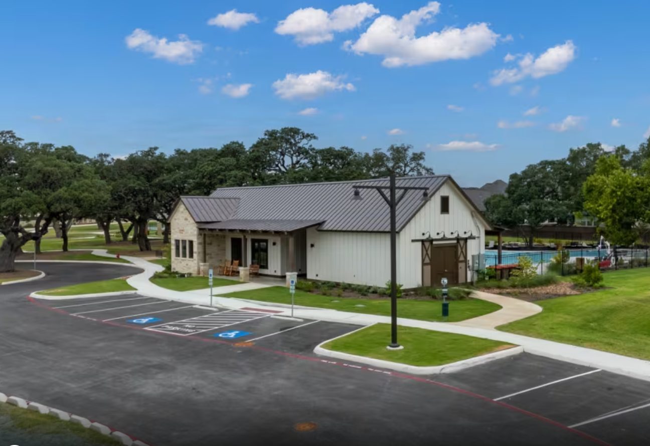 The amenity building, walks and landscaping.