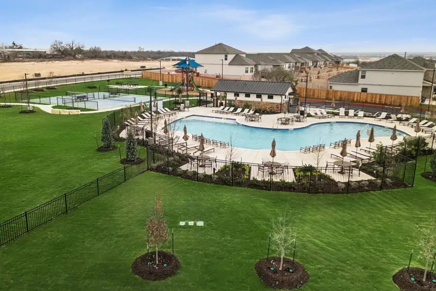 Pickleball courts, pool and playground, with the walks and fencing that tie them together.