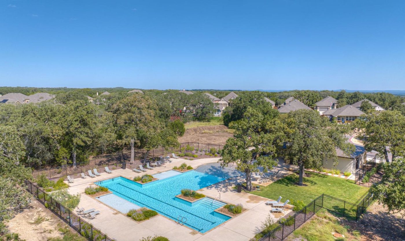 The amenity area from above, set in the oaks.